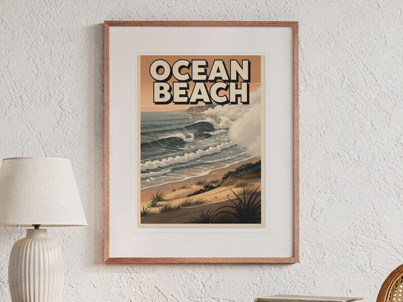 Pôster de viagem de surfe da praia de Ocean Beach, San Diego, emoldurado ou sem moldura, estilo vintage. Impressão costeira. imagem 13