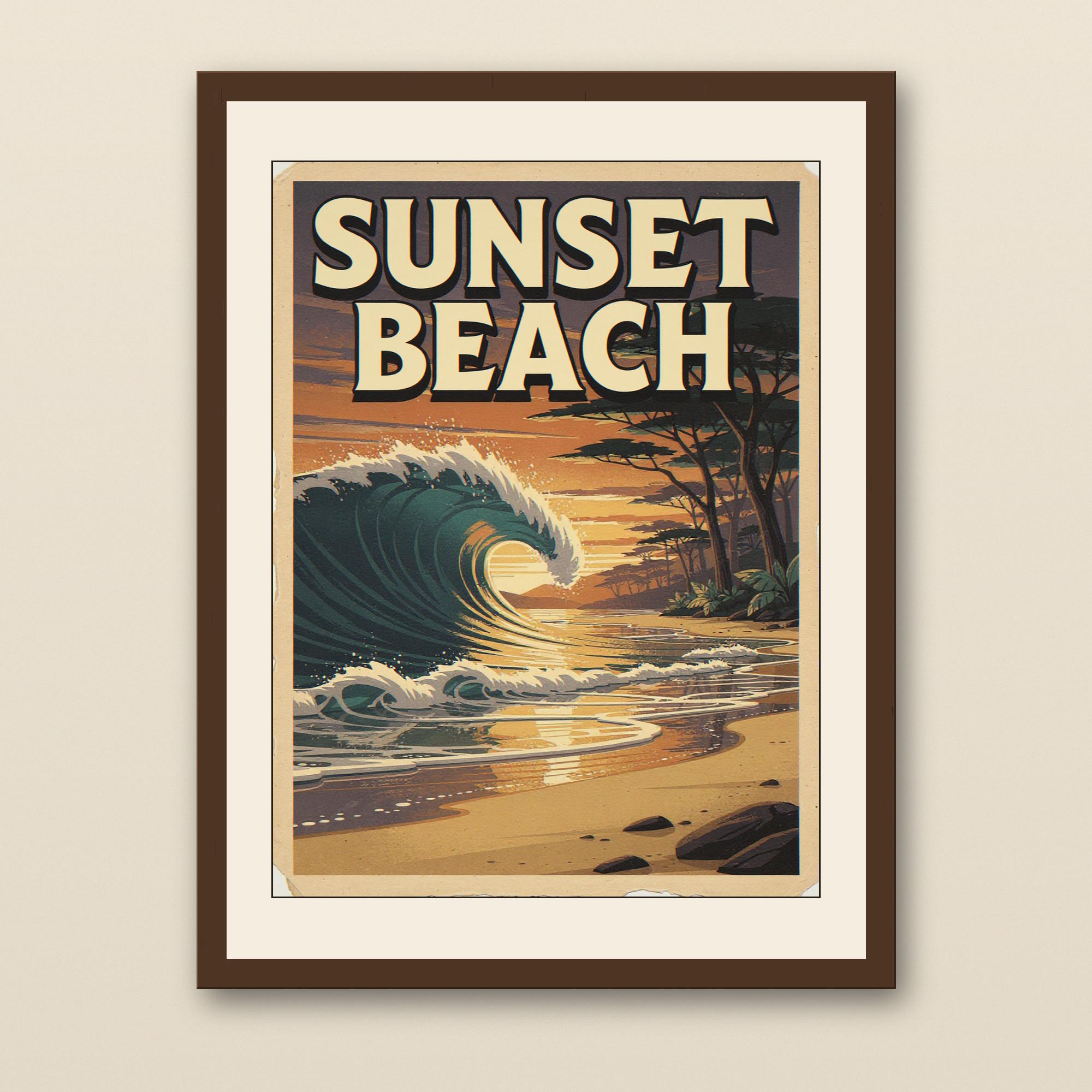 Sunset Beach Hawaii Surf Poster - walnut framed art print with cream mat on plaster wall
