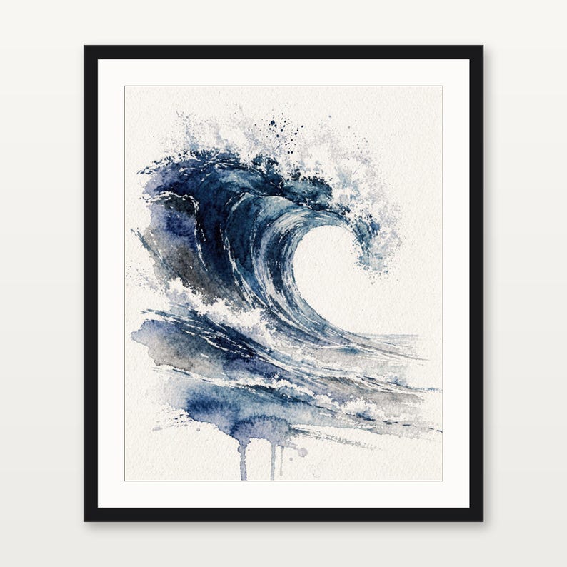 Stampa artistica ad acquerello con onde, La Cresta, Dipinto dell'Oceano Blu di Prussia, Decorazione murale costiera, Arte del surf, Stampa artistica digitale da parete immagine 3