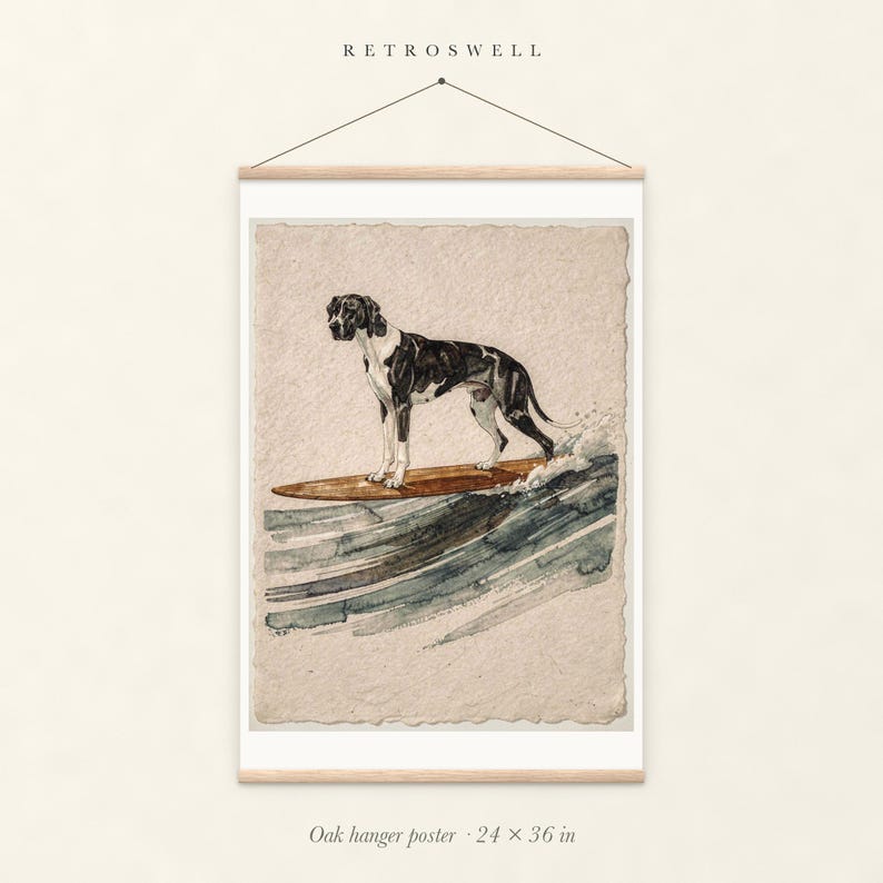 Great Dane Surfing oak hanger poster, 24 by 36 inches, with natural wood rails and a hanging cord.