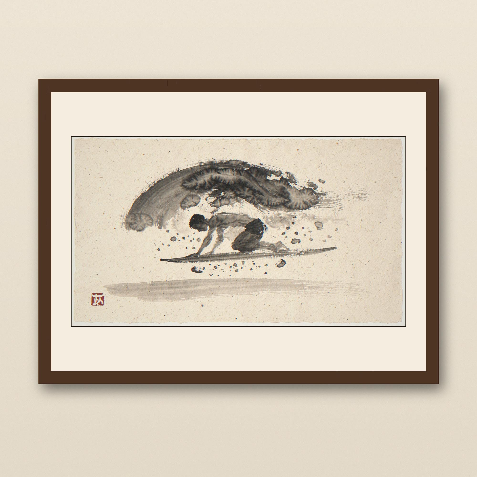 Xieyi Ink Surfer Duck Dive Print - walnut framed art print with cream mat on plaster wall
