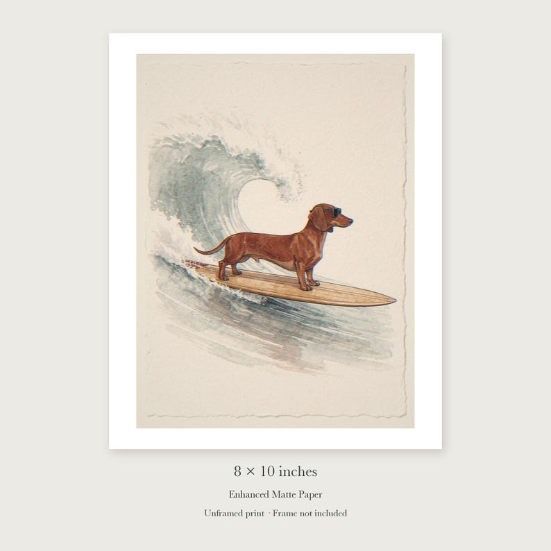 Stampa artistica di un bassotto surfista, con o senza cornice. Poster in stile acquerello con cane. immagine 7