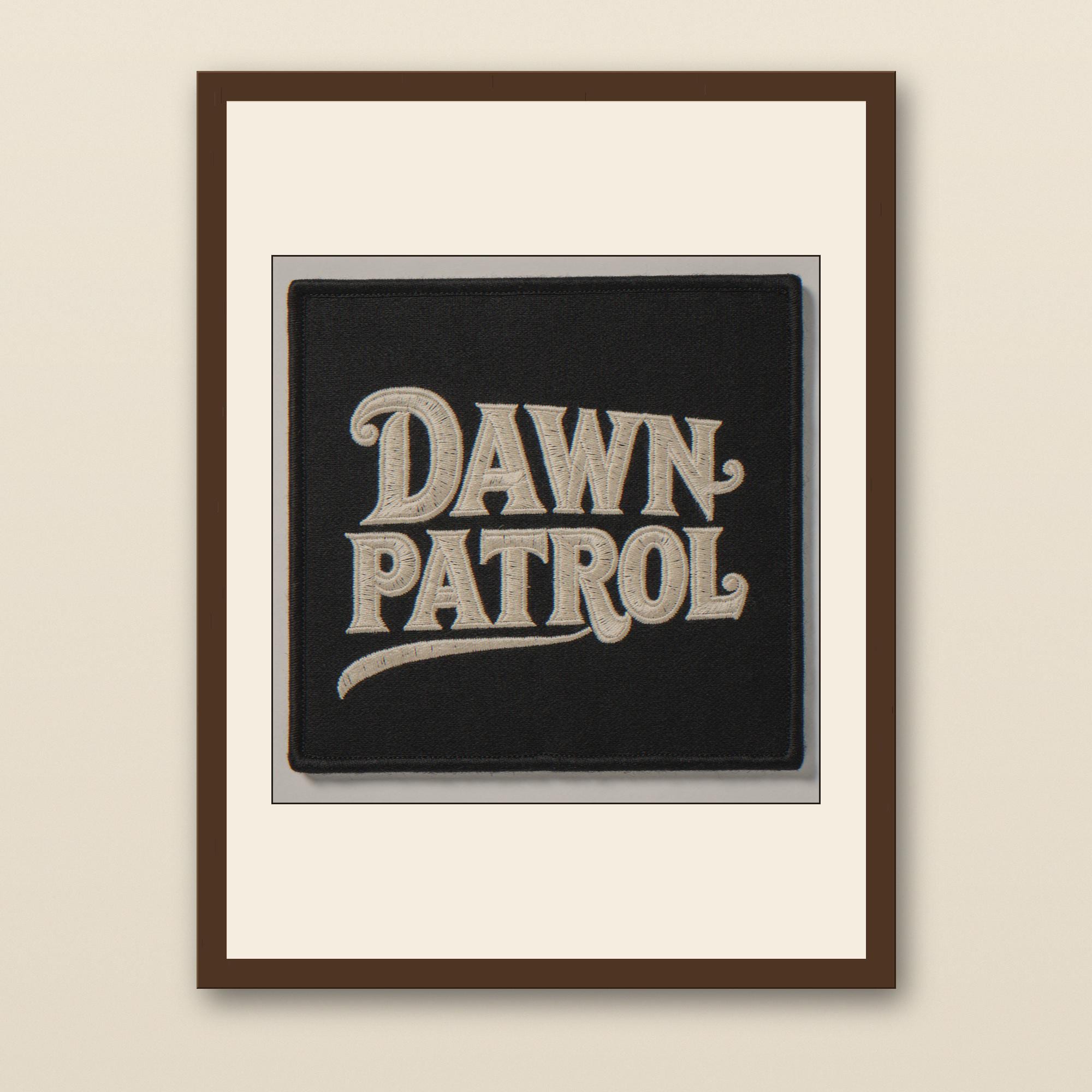 Dawn Patrol Embroidered Patch Print - walnut framed art print with cream mat on plaster wall