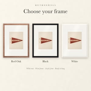 Frame options for Oceanside Surf Pennant: Red Oak, black and white wood frames, each with a white mat.