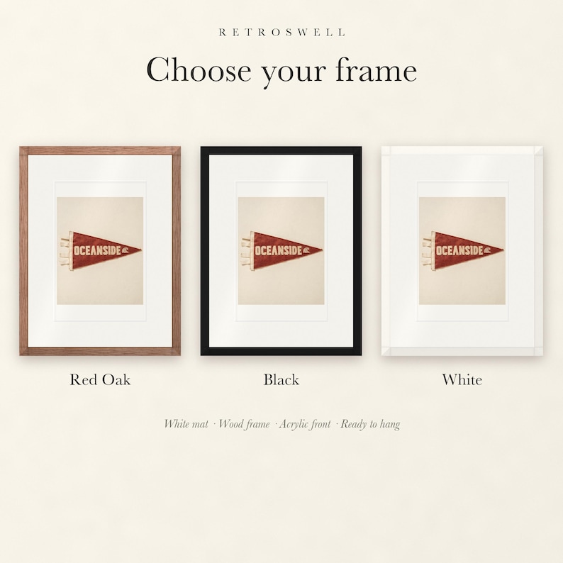 Frame options for Oceanside Surf Pennant: Red Oak, black and white wood frames, each with a white mat.