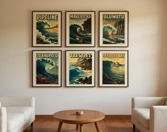 Vintage Surf Poster Set of 6 | Vintage Surf Travel Poster | Retro Beach Wall Art | Coastal Decor Printable