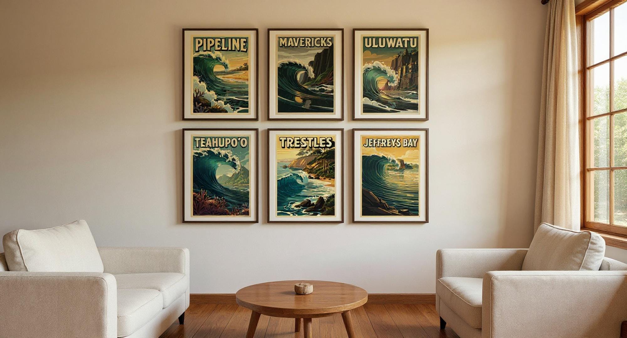 Vintage Surf Poster Gallery Wall Bundle - 6 framed art prints on wall