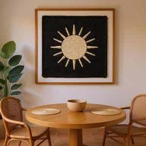 Sun Embroidered Patch Print framed in a coastal dining room setting