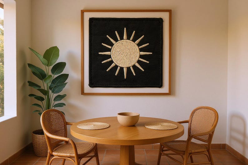 Sun Embroidered Patch Print framed in a coastal dining room setting