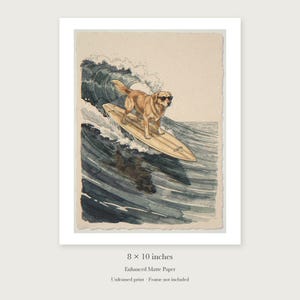 Lámina artística de Golden Retriever surfeando, póster de perro estilo acuarela con o sin marco. imagen 7