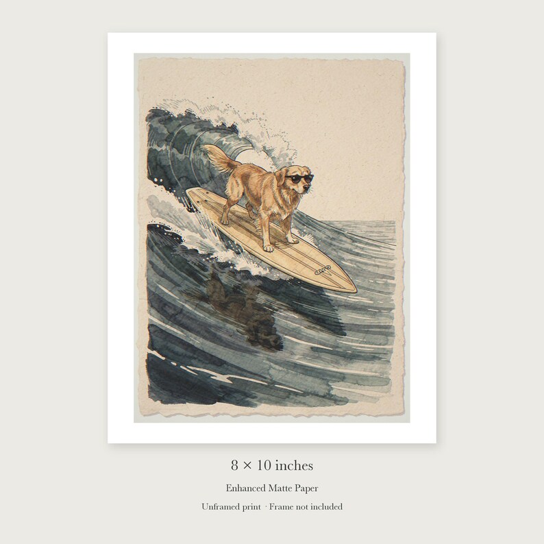 Lámina artística de Golden Retriever surfeando, póster de perro estilo acuarela con o sin marco. imagen 7