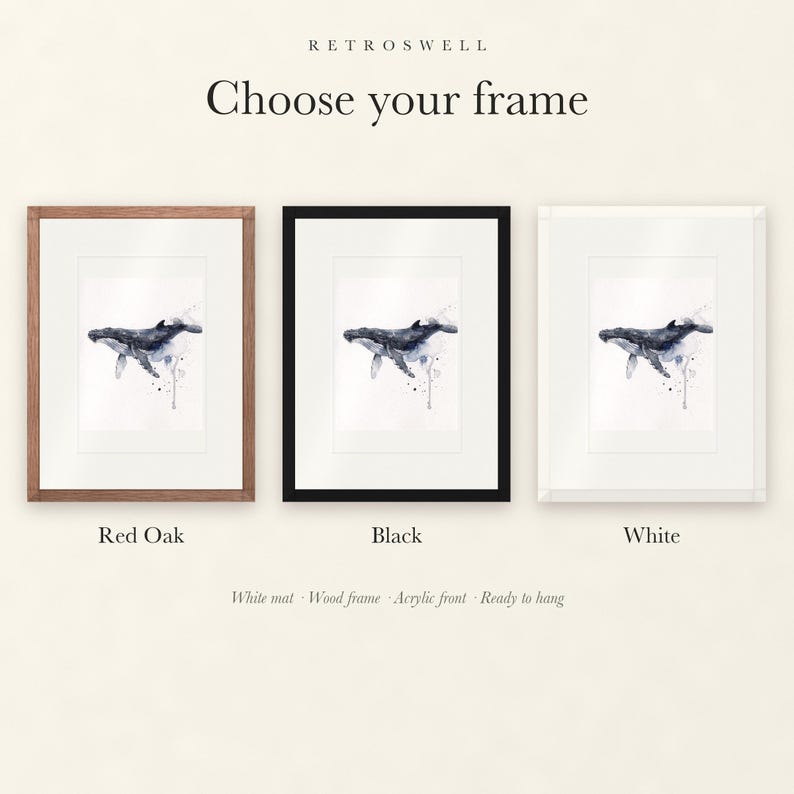 Frame options for Humpback Whale: Red Oak, black and white wood frames, each with a white mat.