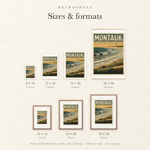 Sizes and formats for Montauk Surf, shown to scale: unframed prints, oak hanger and framed prints.