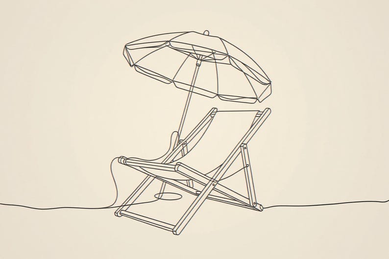 Boho Beach Chair and Umbrella Line Art framed in a home office setting