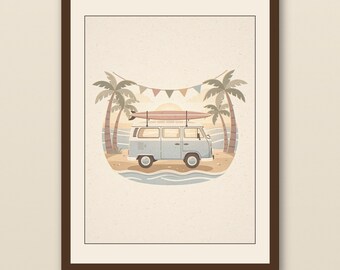 Surf Van Art Print | Retro VW Bus Nursery Decor | Beach Baby Room Wall Art | Vintage Coastal Nursery | Printable Download