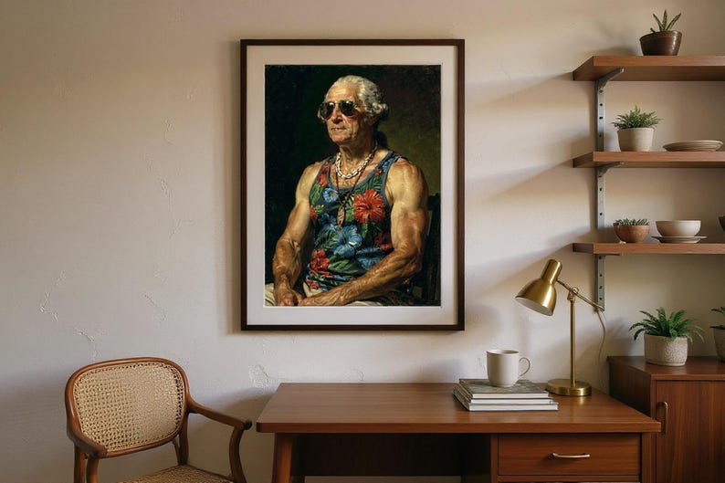 George Washington Surfer Print framed in a home office setting
