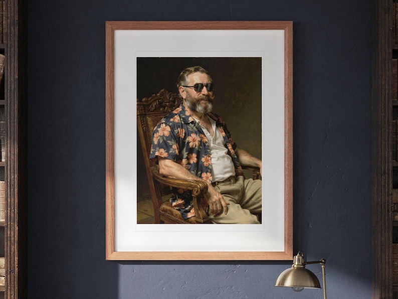 Ulysses S. Grant Surfer print in a Red Oak frame with a white mat, hanging on the wall between the shelves in a home library.