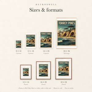 Sizes and formats for Torrey Pines Surf, shown to scale: unframed prints, oak hanger and framed prints.