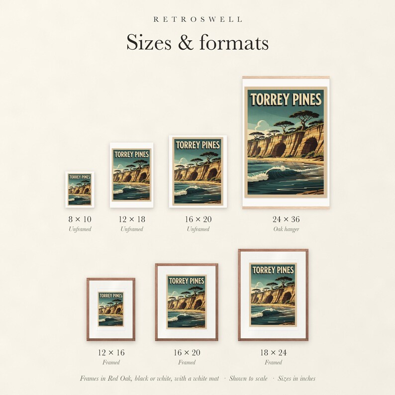 Sizes and formats for Torrey Pines Surf, shown to scale: unframed prints, oak hanger and framed prints.