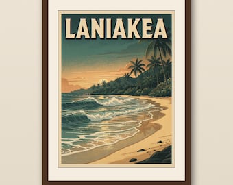 Lámina de la playa de Laniakea, Hawái / Póster de surf de la costa norte de Oahu / Arte mural playero vintage / Decoración costera imprimible / Descarga digital