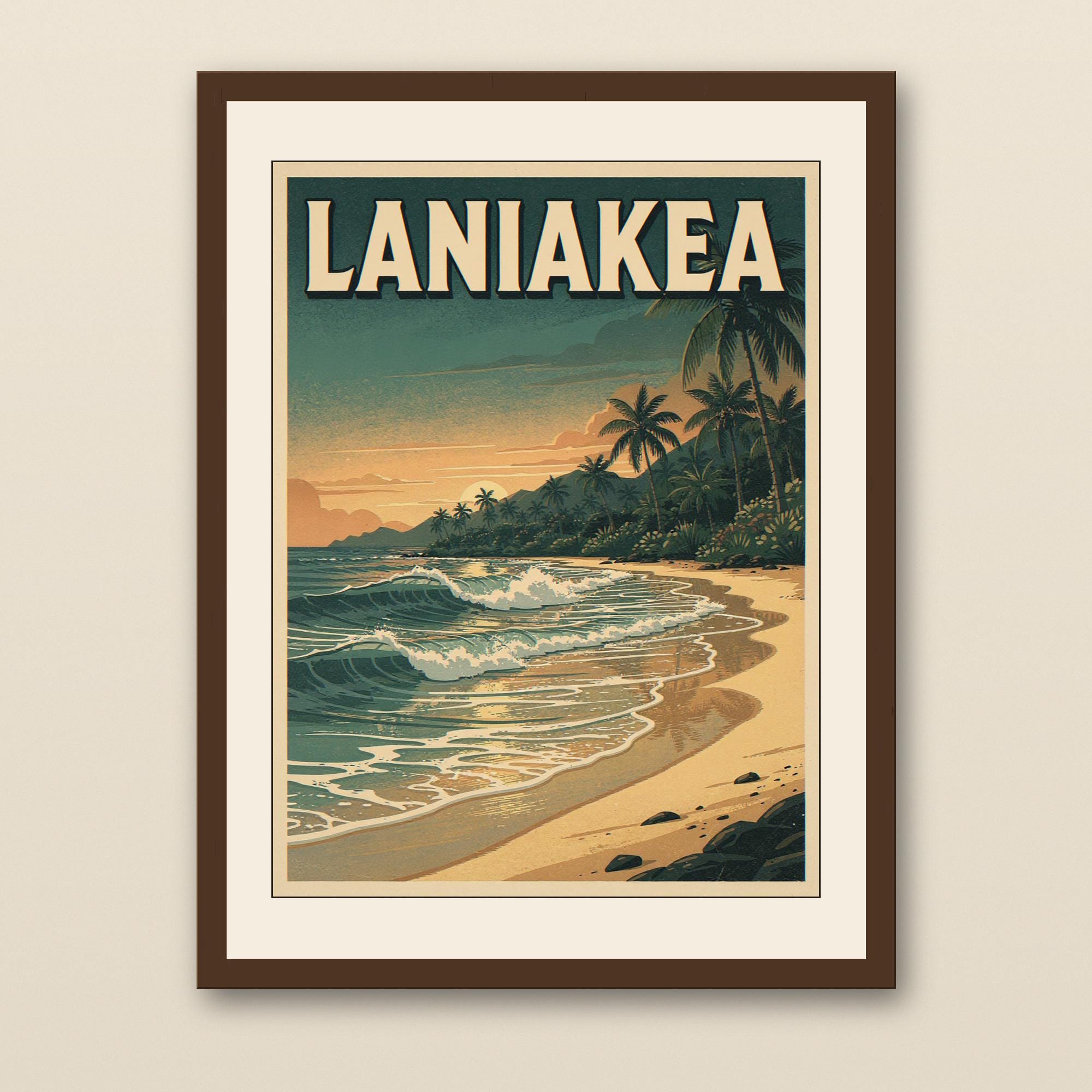 Laniakea Beach Hawaii Poster - walnut framed art print with cream mat on plaster wall