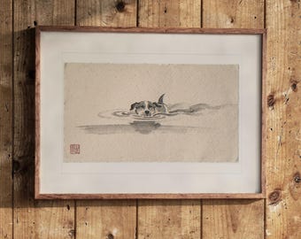 May include: A framed ink wash painting on textured paper depicting a dog swimming in water, creating gentle ripples. The artwork features a small red seal stamp in the bottom left corner and is enclosed in a simple wooden frame.