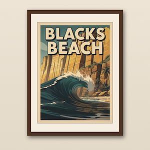 Blacks Beach Surf Poster - walnut framed art print with cream mat on plaster wall