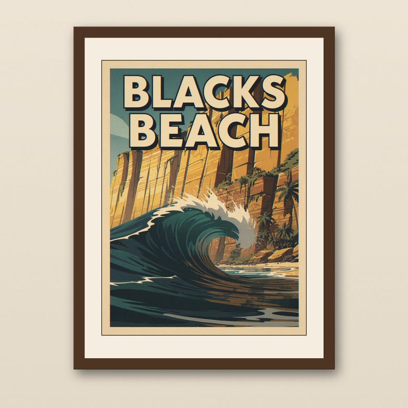 Blacks Beach Surf Poster - walnut framed art print with cream mat on plaster wall