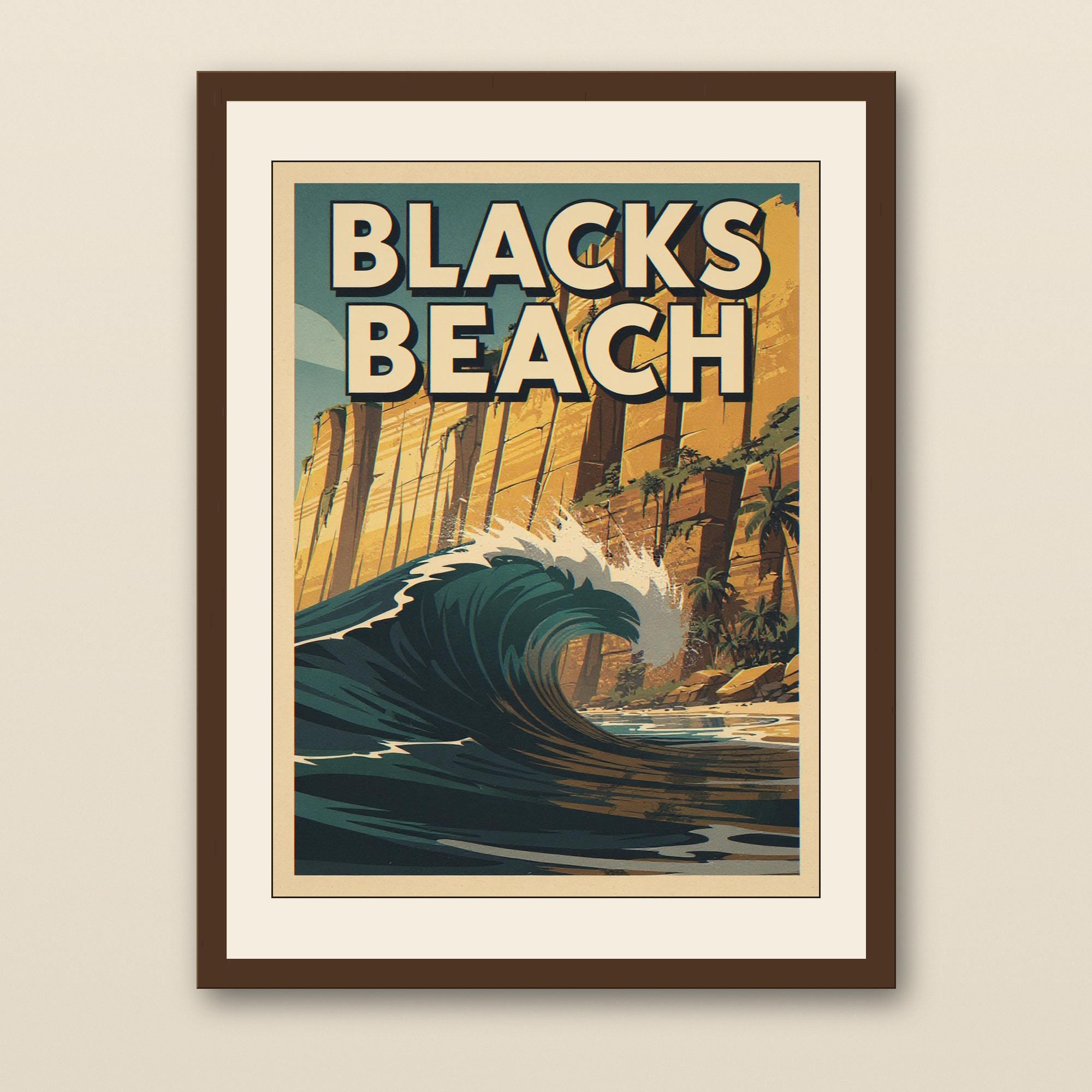 Blacks Beach Surf Poster - walnut framed art print with cream mat on plaster wall