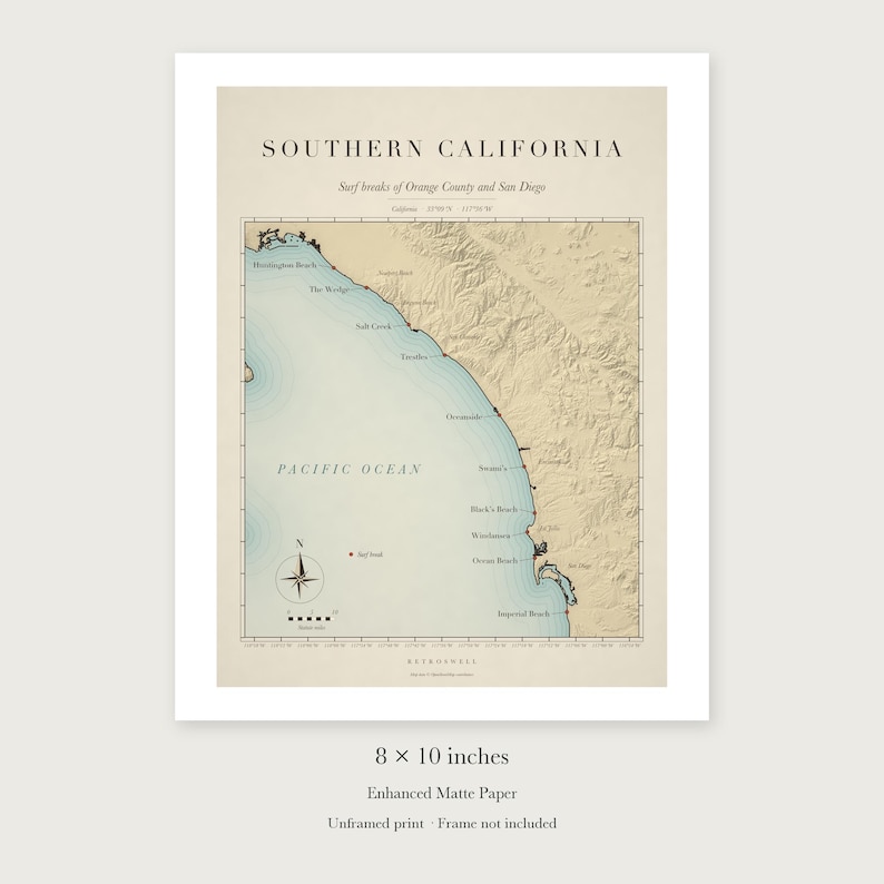 Southern California Surf Map unframed 8 by 10 inch print on enhanced matte paper, shown with its white paper border.