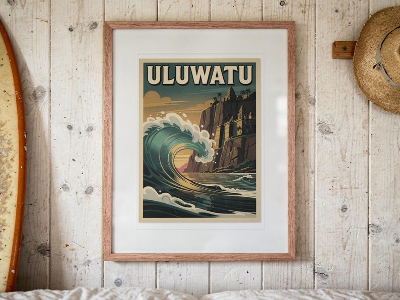 Uluwatu Bali Surf Travel Poster, Framed or Unframed Vintage Style Coastal Print image 13