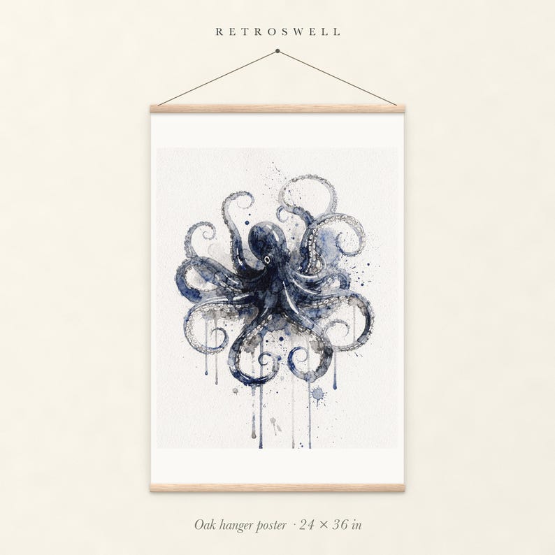Octopus oak hanger poster, 24 by 36 inches, with natural wood rails and a hanging cord.