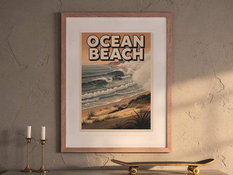Ocean Beach San Diego Surf Travel Poster print in a Red Oak frame with a white mat, hanging above the buffet in a dining room.