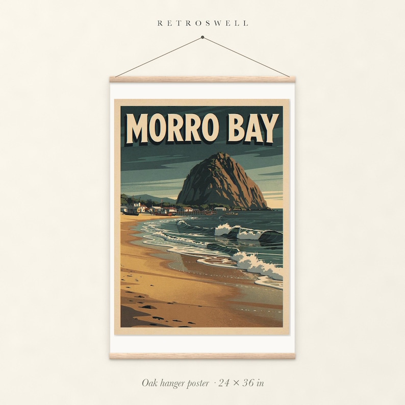 Morro Bay Surf oak hanger poster, 24 by 36 inches, with natural wood rails and a hanging cord.