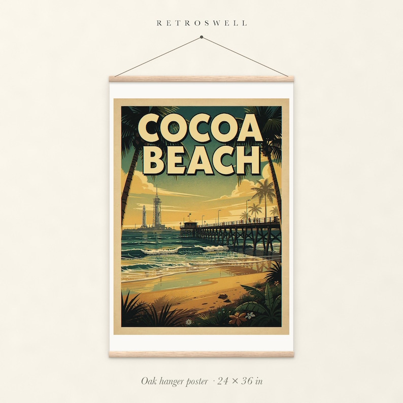 Cocoa Beach Surf oak hanger poster, 24 by 36 inches, with natural wood rails and a hanging cord.