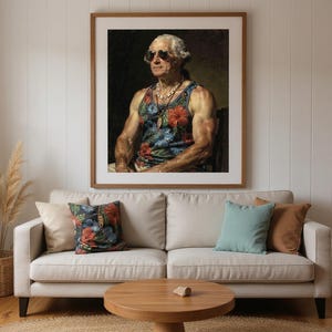George Washington Surfer Print framed in a beach-style living room setting