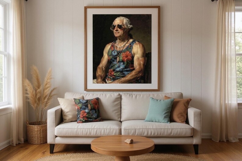 George Washington Surfer Print framed in a beach-style living room setting