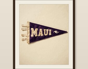 Maui, Hawaii Surf Pennant Print | Vintage Felt Pennant Art | Beach House Decor | Retro Surf Wall Art | Printable Digital Download