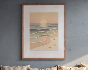 May include: A framed wall art print featuring a stylized beach scene with a pale sun setting over layered ocean waves in shades of blue, green, and beige. The sandy shore includes small, simple shapes representing seashells.