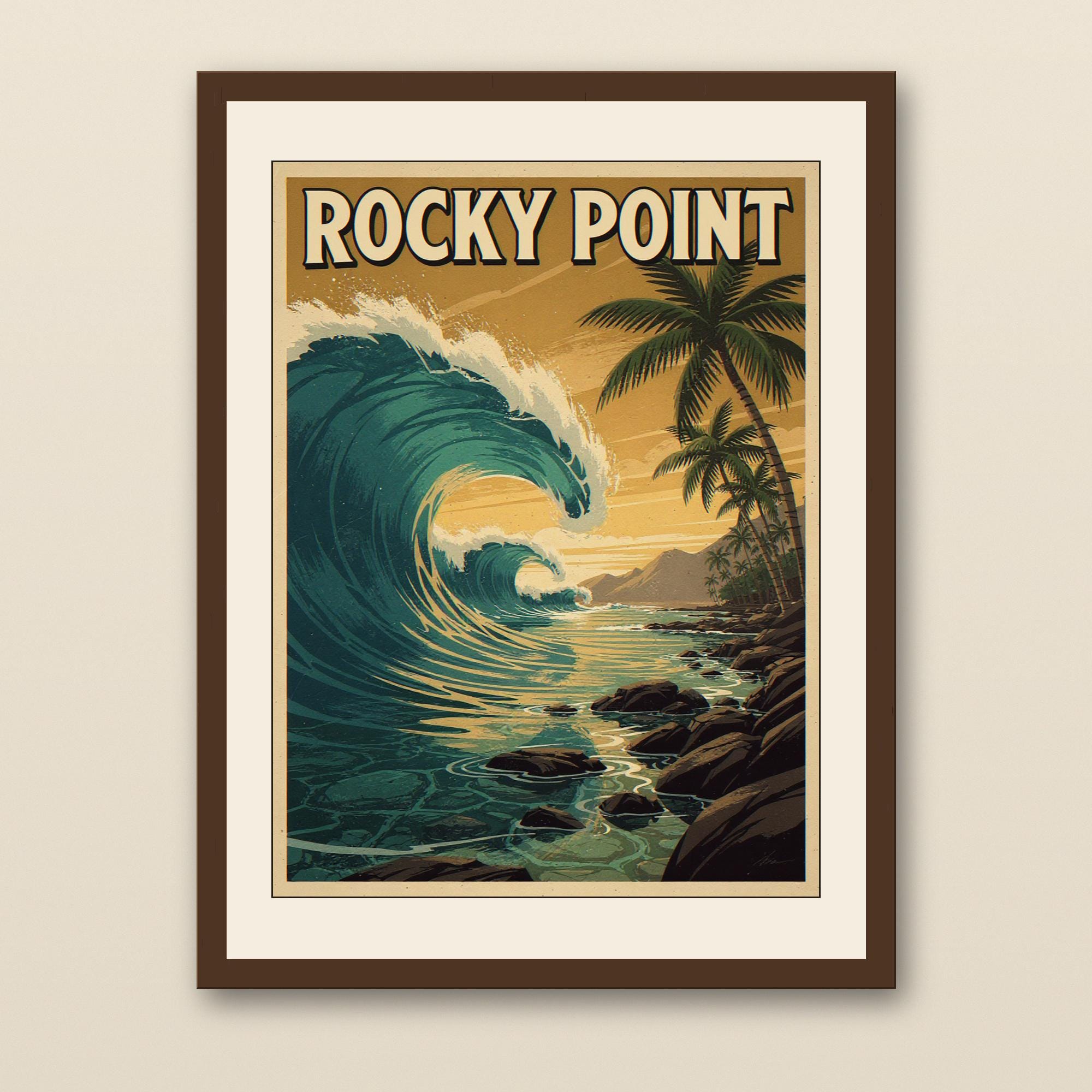Rocky Point Surf Poster - walnut framed art print with cream mat on plaster wall