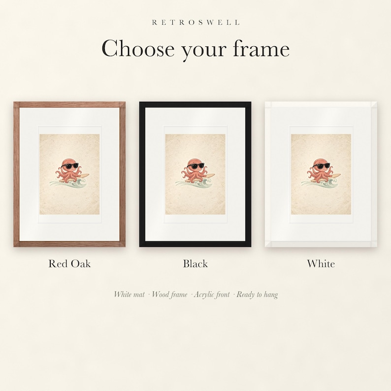 Frame options for Surfing Octopus: Red Oak, black and white wood frames, each with a white mat.