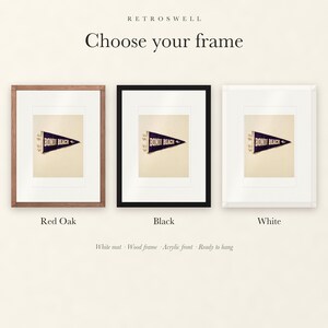 Frame options for Bondi Beach, Sydney, Australia Surf Pennant: Red Oak, black and white wood frames, each with a white mat.