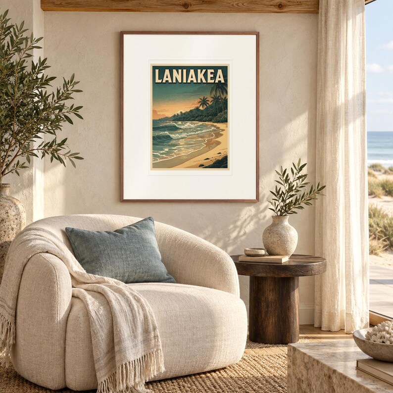 Laniakea Surf print in a Red Oak frame with a white mat in a light-filled coastal sitting room.
