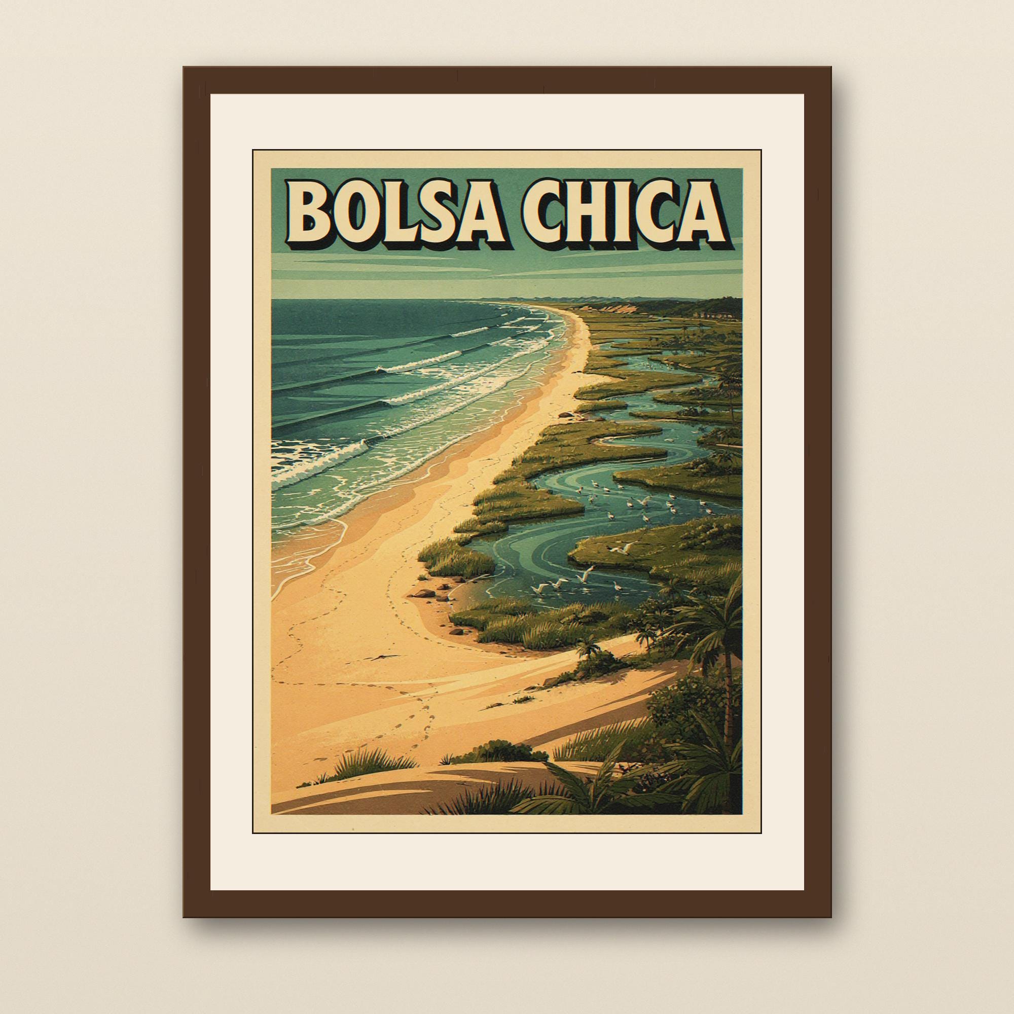 Bolsa Chica Surf Poster - walnut framed art print with cream mat on plaster wall