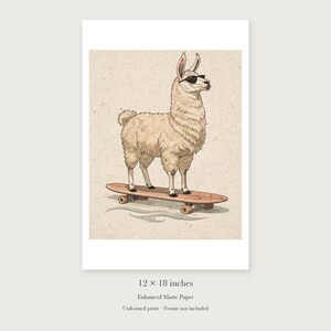 Llama on a Longboard unframed 12 by 18 inch print on enhanced matte paper, shown with its white paper border.