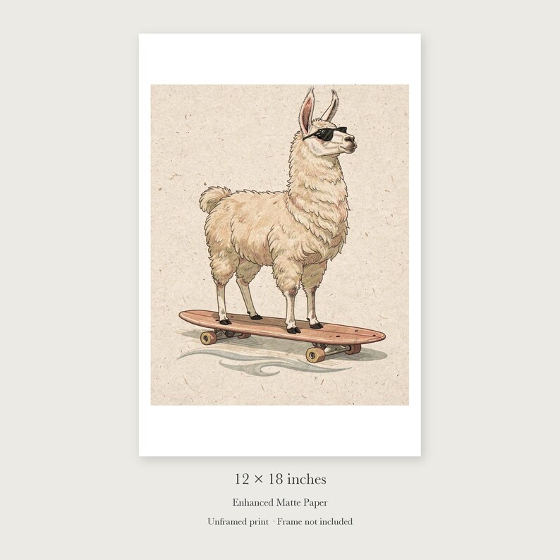Llama on a Longboard unframed 12 by 18 inch print on enhanced matte paper, shown with its white paper border.