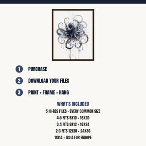 Octopus Watercolor Print, Indigo Sea Life Painting, Coastal Wall Art, Nautical Bathroom Decor, Printable Wall Art Digital Download image 5