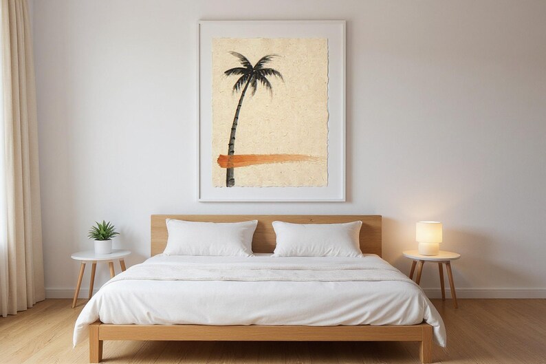 Sumi-e Lone Palm with Sunset Accent Print framed in a modern bedroom setting