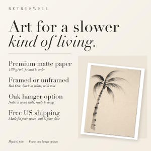 RetroSwell print details for Lone Palm Tree Ink Style: premium 189 g/m² matte paper, framed or unframed, oak hanger option, free US shipping.