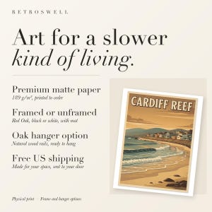 RetroSwell print details for Cardiff Reef Surf: premium 189 g/m² matte paper, framed or unframed, oak hanger option, free US shipping.